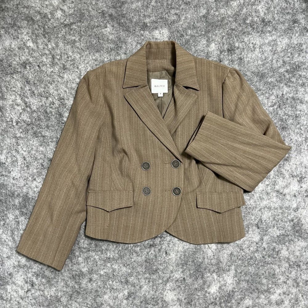 WALTER Cropped Double Breasted Blazer Women's 8 Brown Pinstriped Stretch